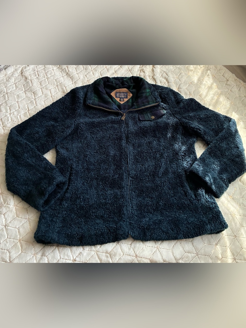 Pendleton Navy Plush Sherpa Jacket with Plaid Trim